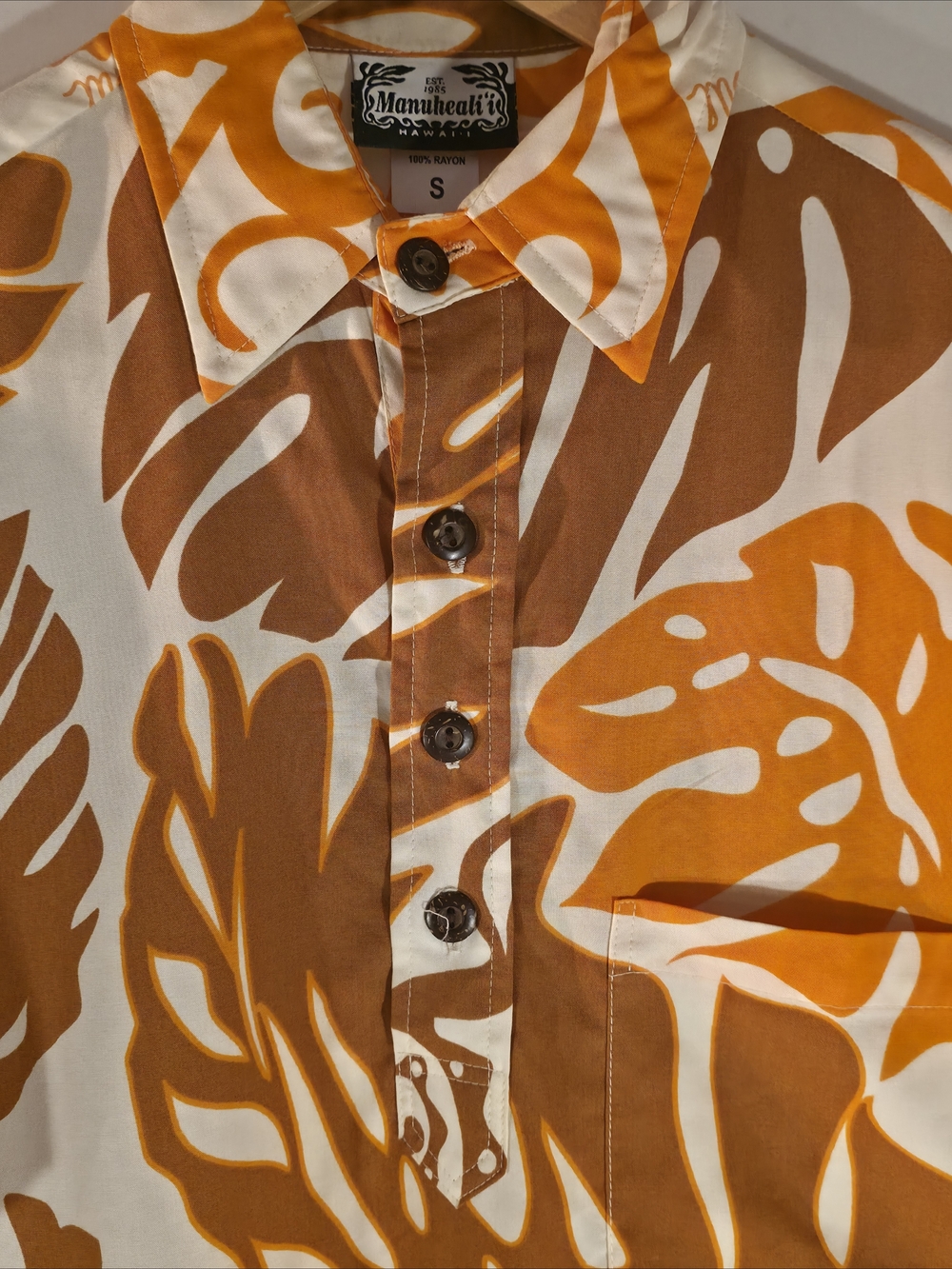 Vintage Manuheali'i Hawaiian Aloha Shirt Mens Small S Orange Monstera Pullover - Picture 3 of 6